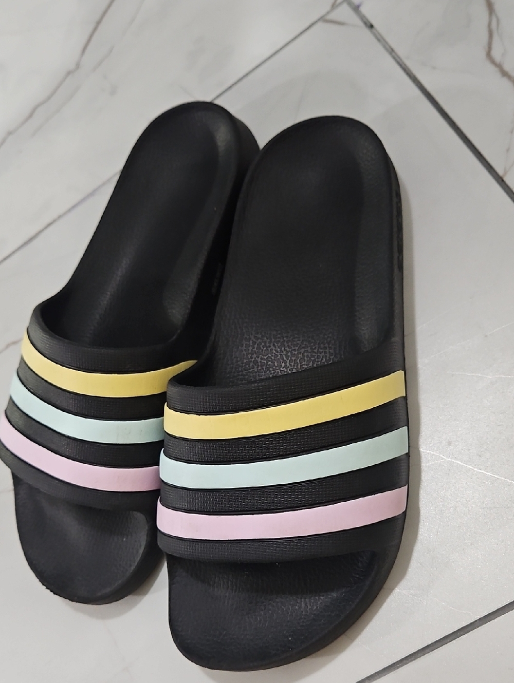 adidas Black Slides with Pastel Yellow, Mint, and Light Pink Stripes
